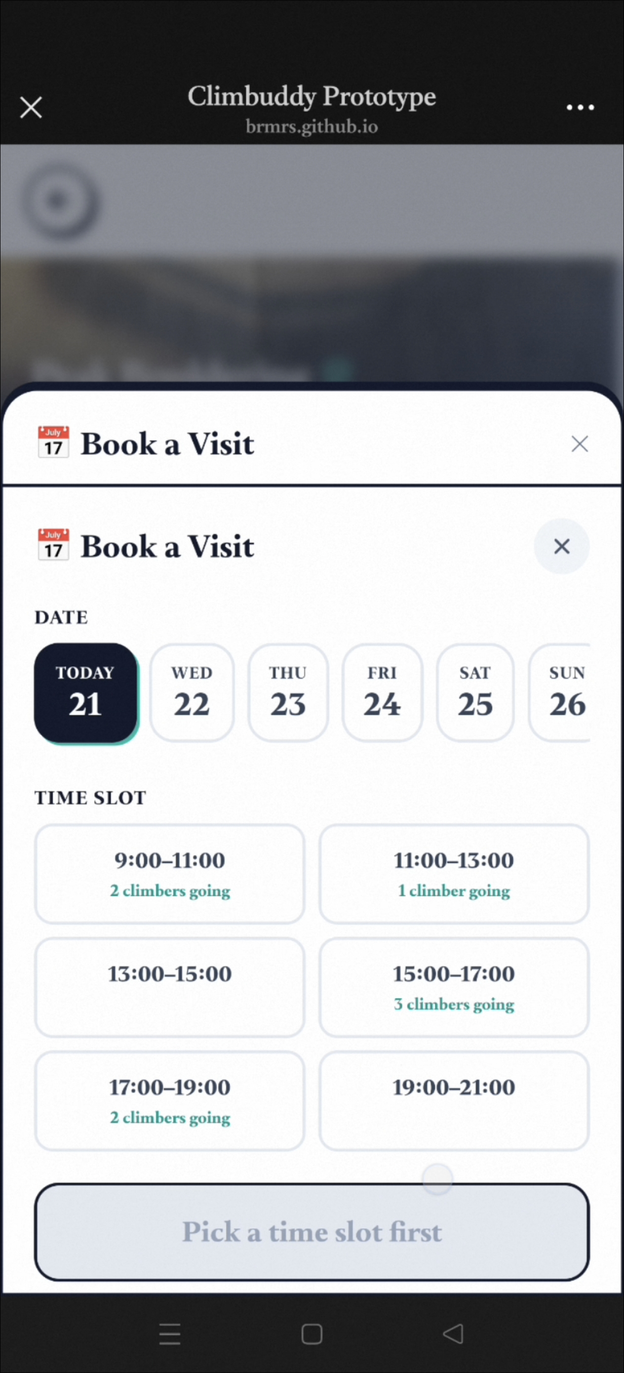 Booking screen before - all time slots available including past times