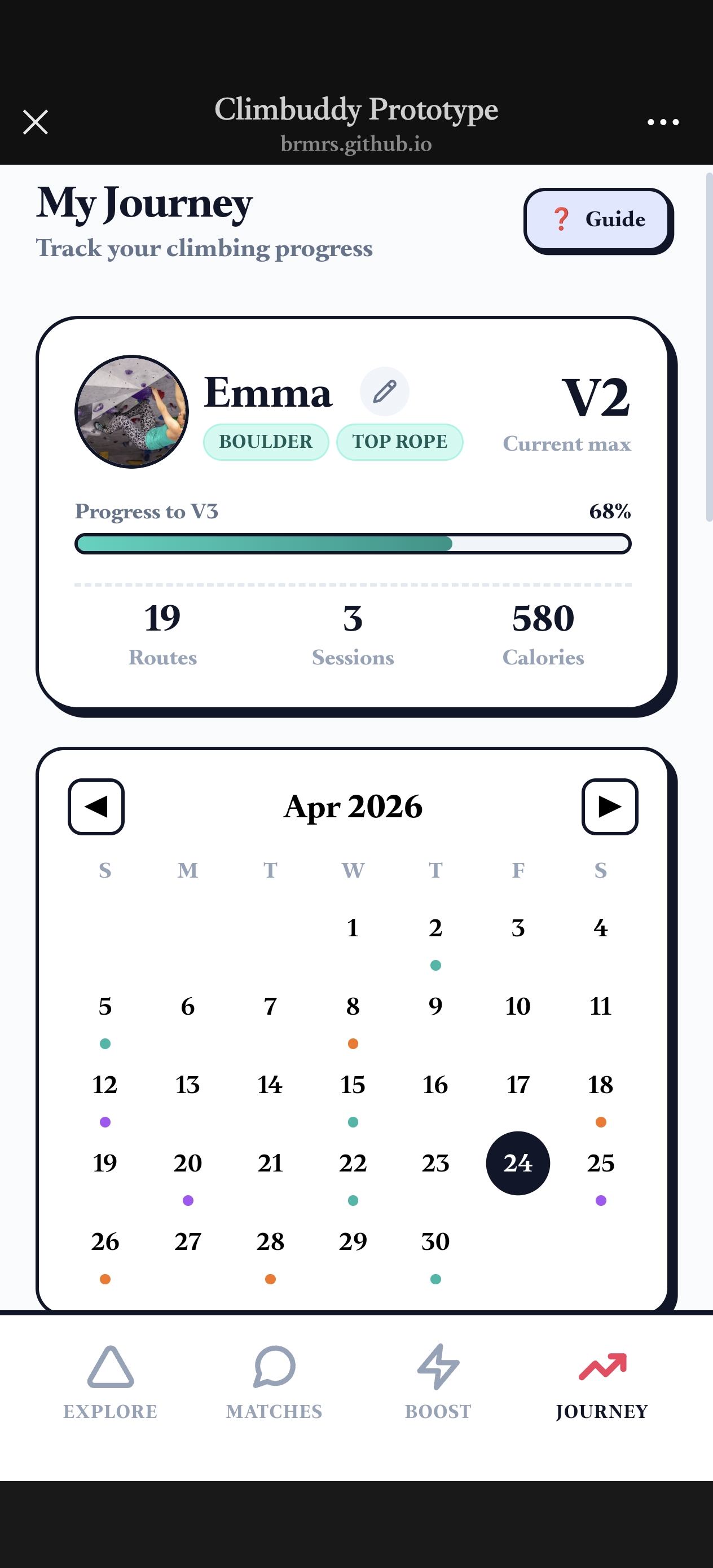 Journey screen after - calendar prioritized at top