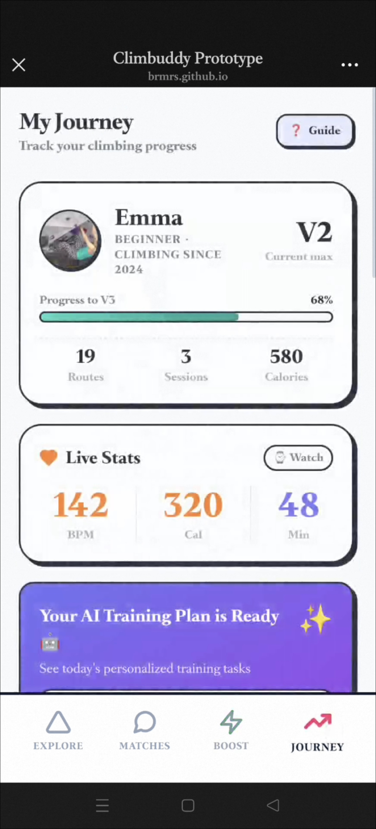 Journey screen before - cluttered layout with stats first