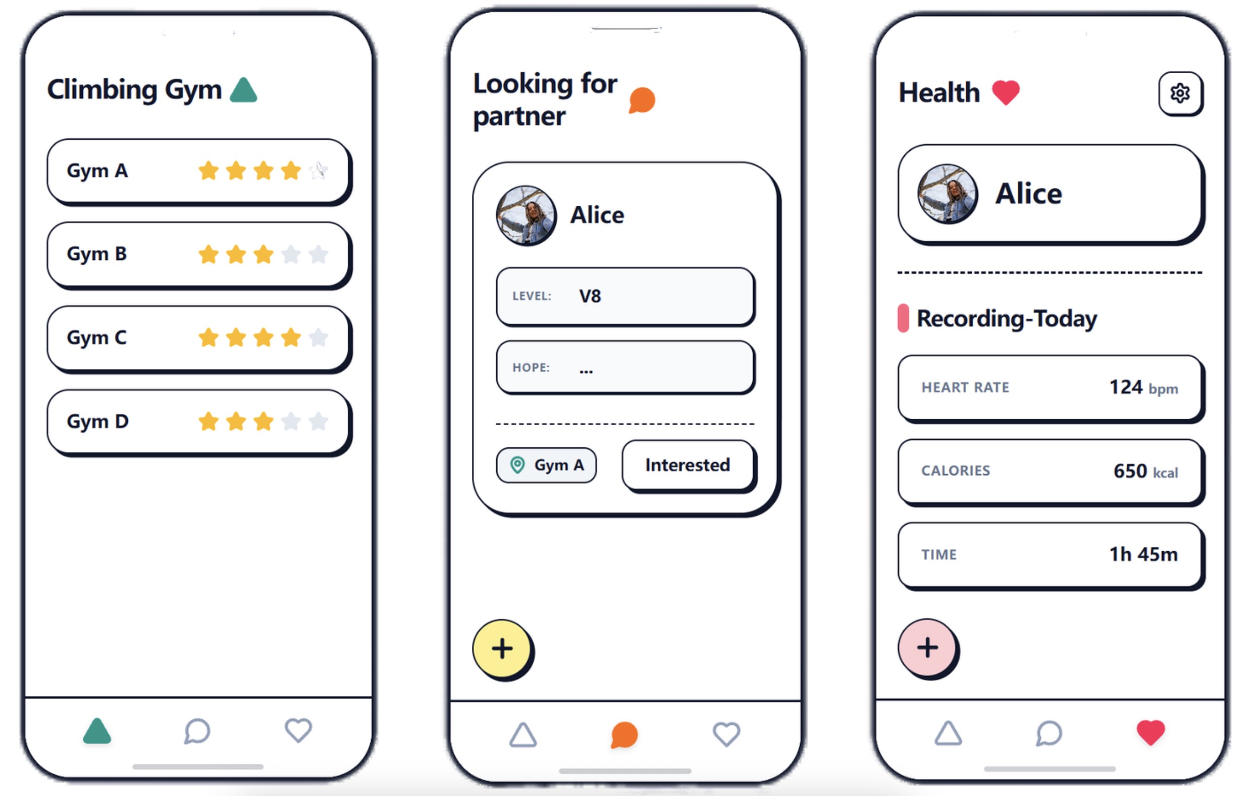 Low-fidelity wireframe flowchart showing user journey from partner matching to progress tracking